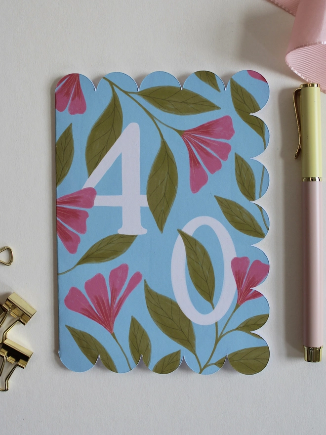floral 40th birthday card with scalloped edge pink and blue