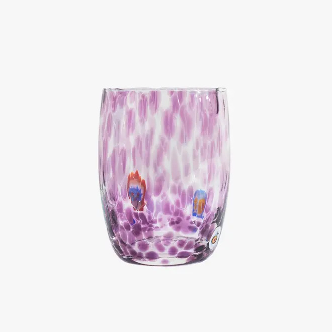 round tumbler glass with purple splotches