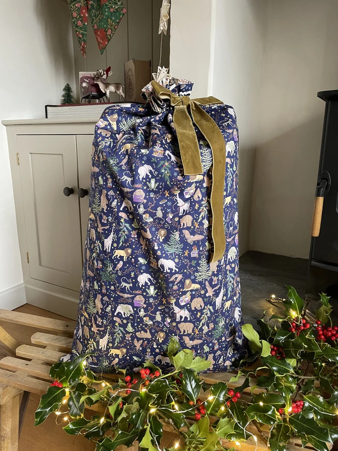 Liberty Christmas Print in Navy Gift Sack for Presents