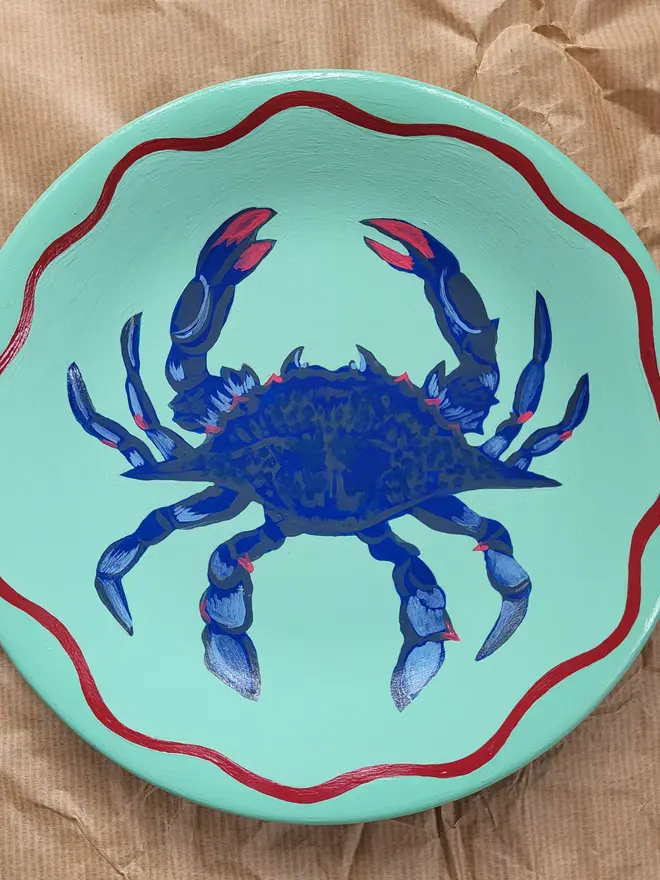 Hand Painted Wall Plate in Aqua, with Blue Crab