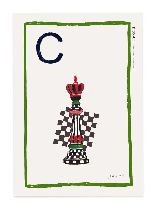 signed a-z alphabet prints. chess print with the letter 'c' in the corner.