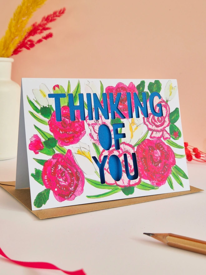 Carnation floral illustration card with thinking of you text 