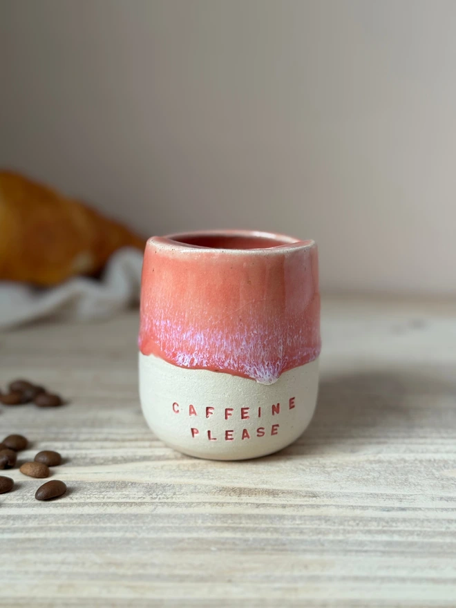 'Caffeine Please' Ceramic Travel Cup Pink Glaze