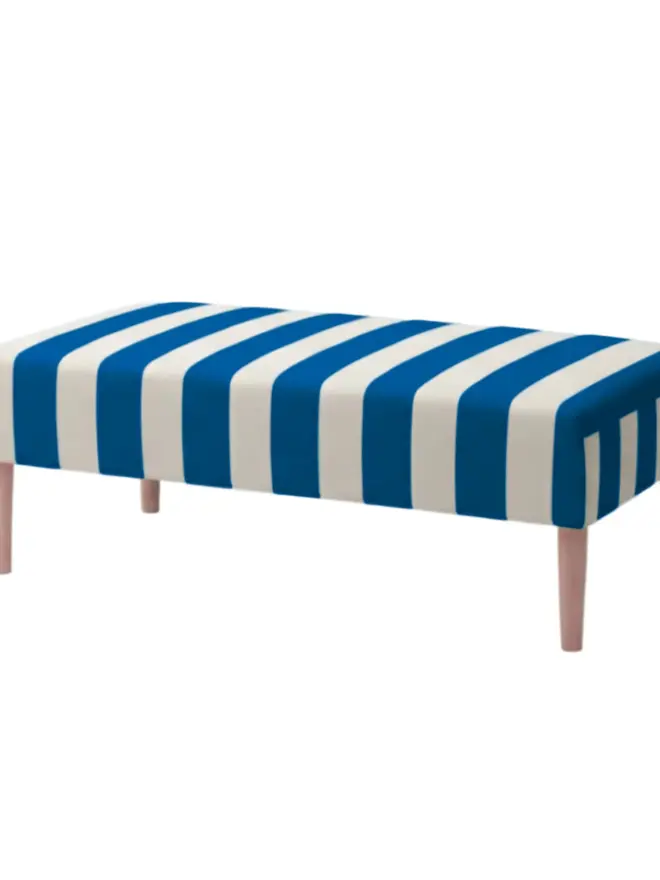 Hand Painted Upholstered Striped Linen Coffee Table Ottoman, ink coffee table sitting against a white backdrop. 
