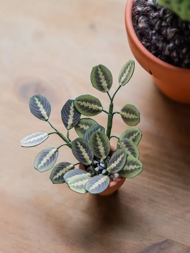 A number of miniature replica Maranta Prayer Plant paper plant ornaments in terracotta pots sat on 2 wooden log slices against a white background