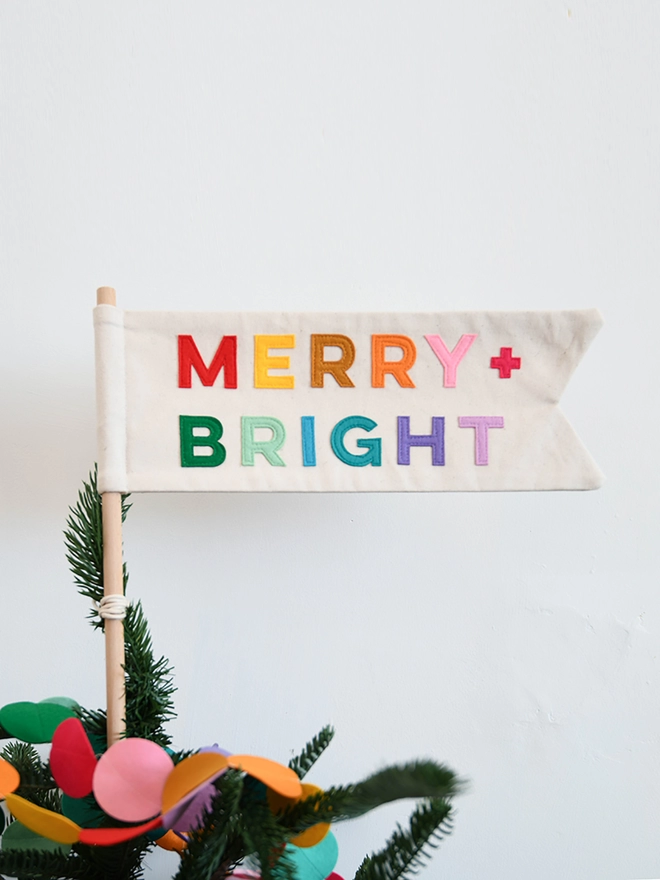 Merry and Bright christmas tree topper flag.