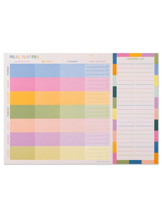 The colourful gradient Raspberry Blossom weekly meal planner has space to plan all your meals, track habits and even has a handy tear-off shopping list
