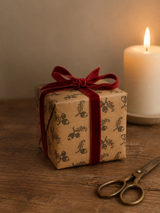 a present wrapped in acorn stamped craft paper tied with a pretty red velvet ribbon