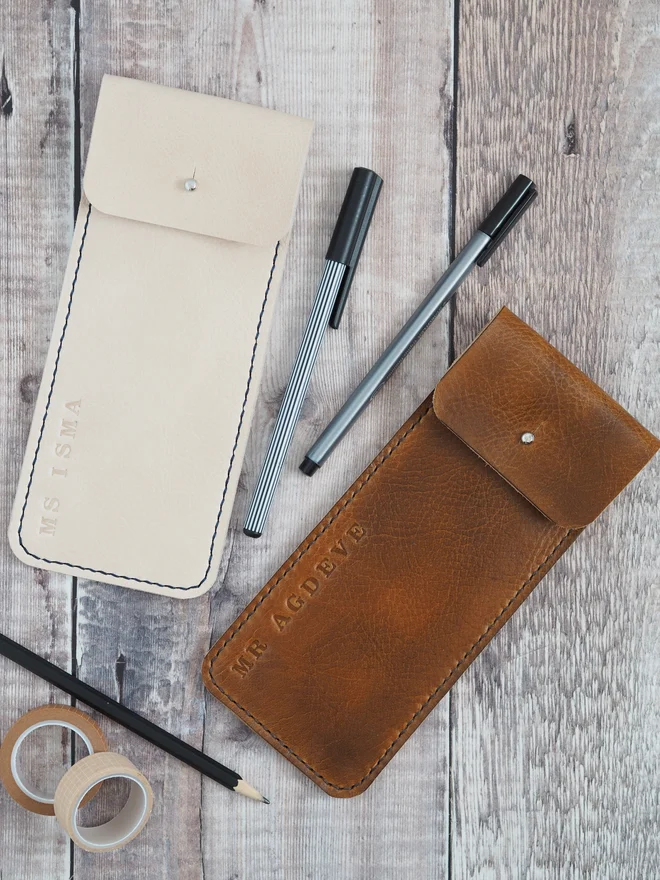 Personalised teacher leather pencil case.