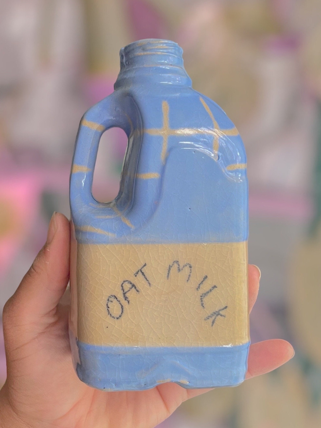 blue oat milk bottle ceramic vase