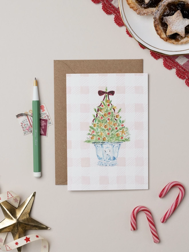 Christmas Tree Card on watercolour painted green gingham background