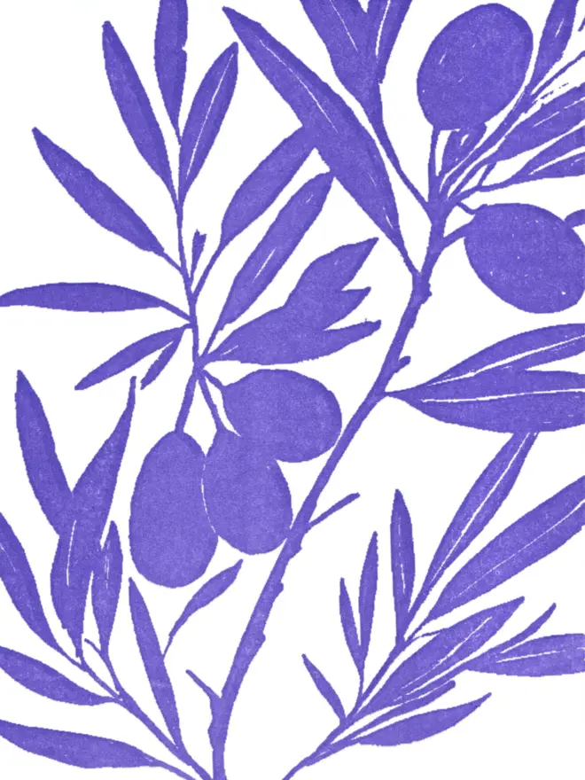 close up of design on front of card, flat shaded blue-purple section of olive tree with olives and leaves visible