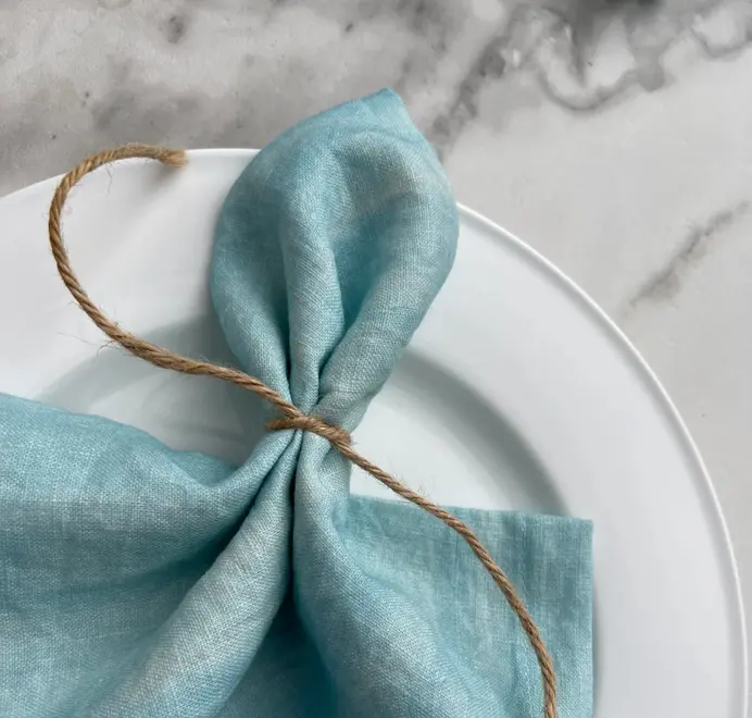 Azzurro Napkins (Set of 4). Light blue cloth napkin tied with natural twine, styled on a white plate against a marble background.