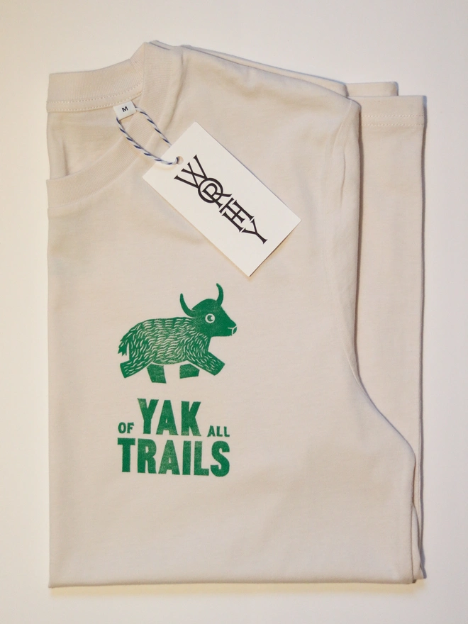 Yak printed on a white t-shirt using a linocut block