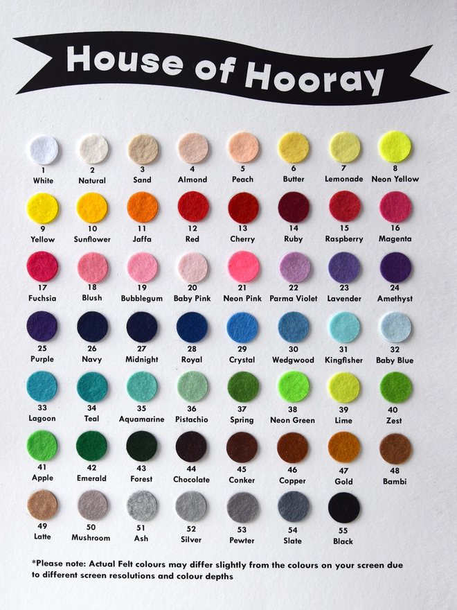 House of Hooray Felt colour Chart