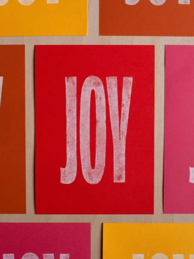 Joy Linocut Print Red Birdseye View