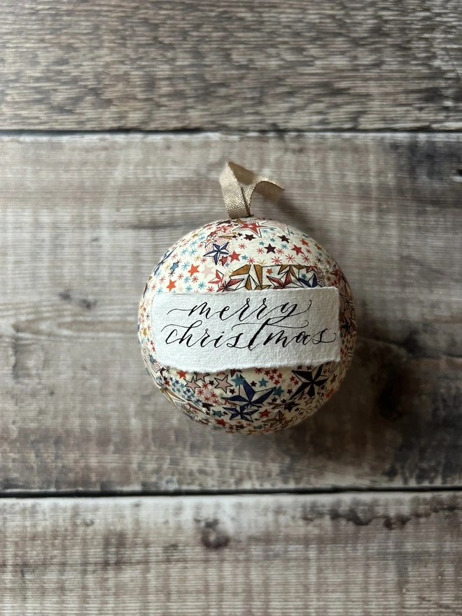 Liberty fabric personalised bauble with gold stars