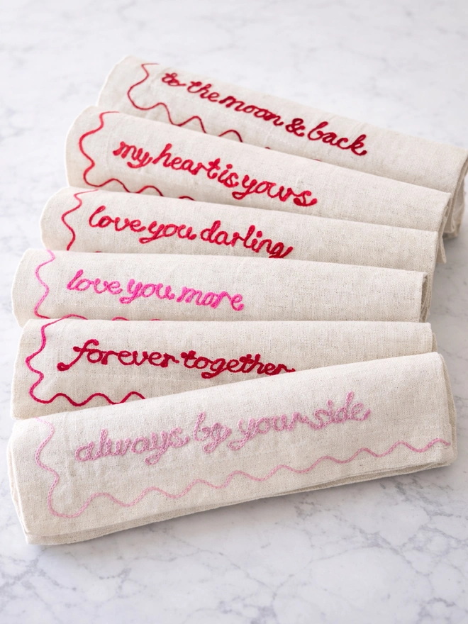 love phrase embroidered linen napkins