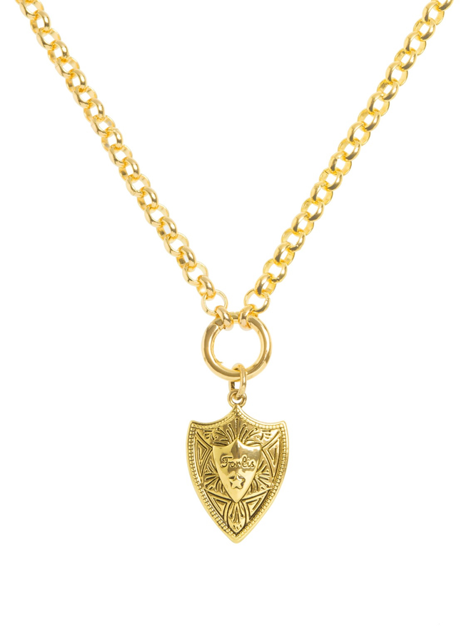 Gold shield charm hanging from a gold belcher chain necklace against a white background