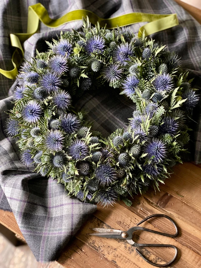 Christmas Foliage and Fresh Eryngium Thistle Wreath