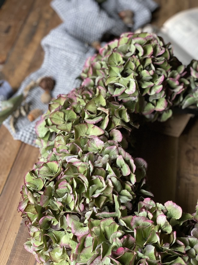 A closer look at left curve of a dried green hydrangea wreath with burgundy accents, displayed on a wooden table with autumnal accessories.