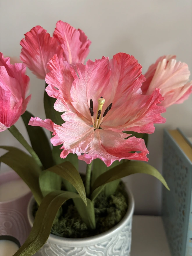 5 paper tulips in pot close up