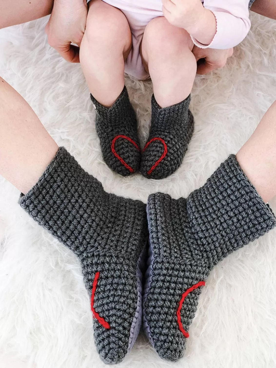 Mummy and me crocheted heart slipper socks knitted