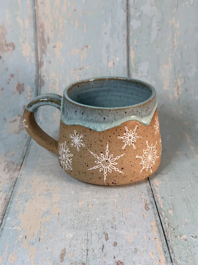 Handmade Aqua Green Snowflake Christmas Mug