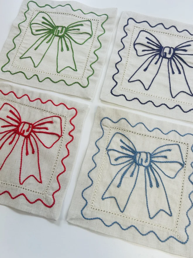 Individual Embroidered Bow Coasters 