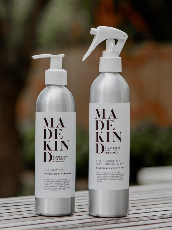 Natural dog shampoo and fur detangled in aluminium refillable bottles