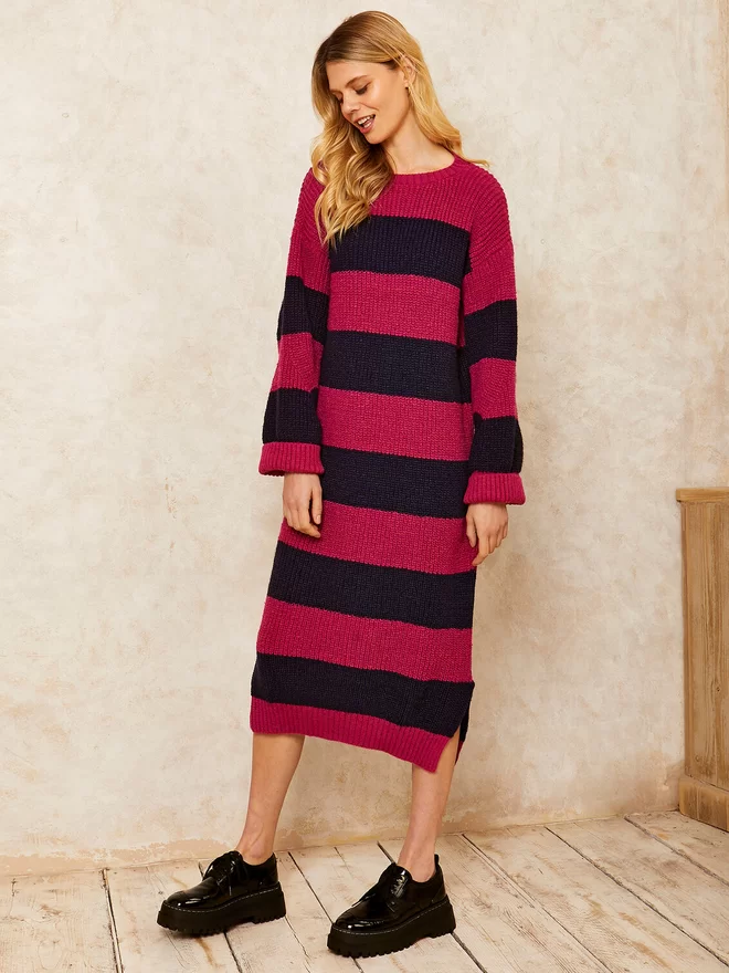 Chunky Oversized Stripe Knitted Midi Dress UK Made