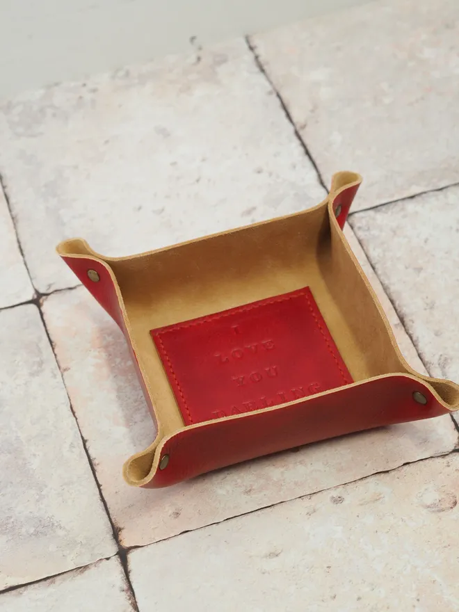 red leather square tray with personalised base