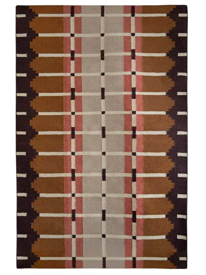 Corbie Flatweave Rug, a colourful rug sitting on a white plain surface. 