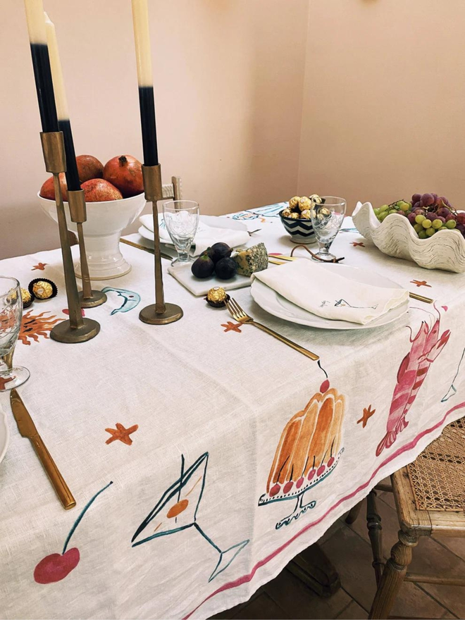 linen multi pattern tablecloth on decorated table 