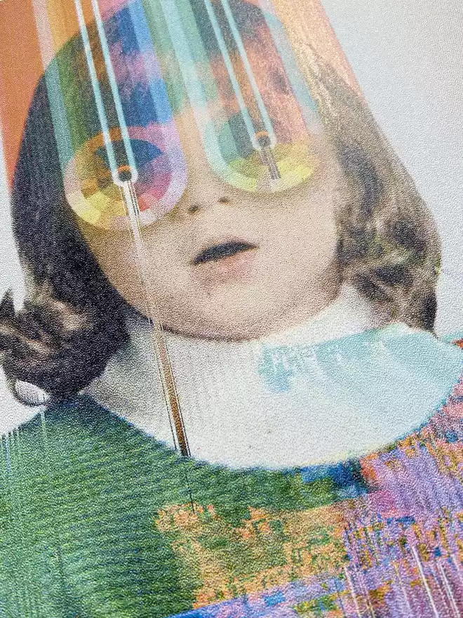 Collage artwork "Through Their Eyes" Hand Pulled Screenprint depicting a young child staring forward intwined in flowers with a glitch look to her 