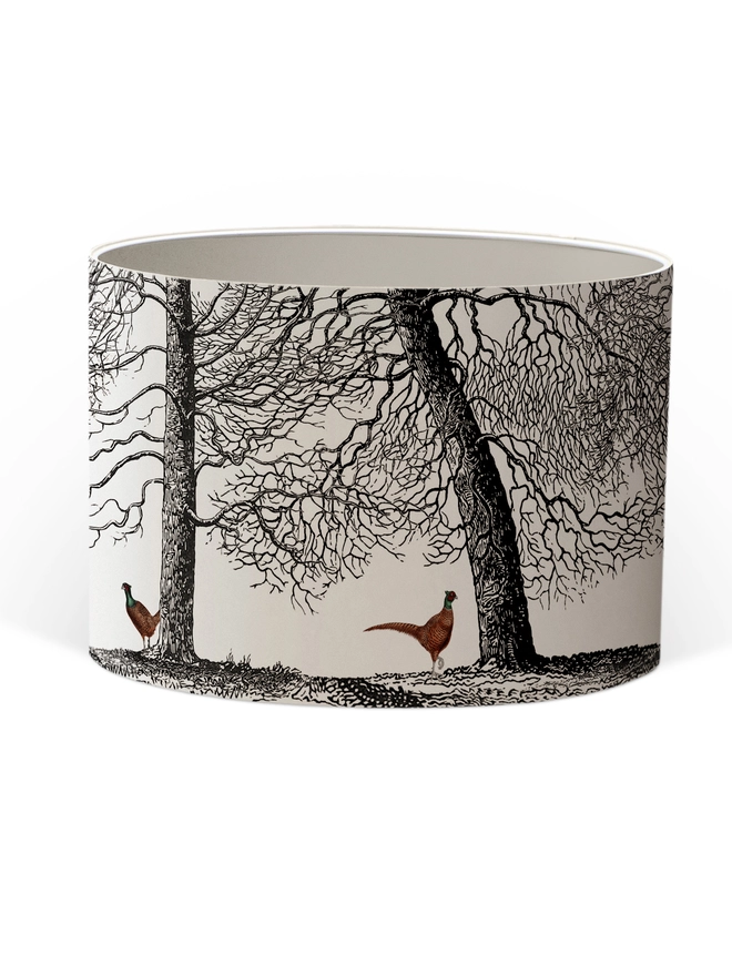 Handmade pheasant lampshade with whimsical woodland illustrations inspired by the British countryside
