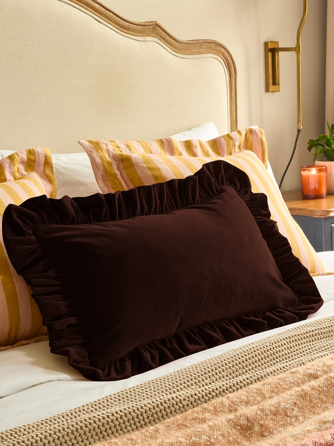Handmade ruffled velvet lumbar cushion 50x35cm with feather pad, chocolate, Kika Bespoke