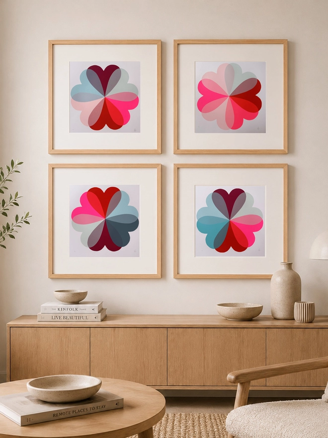 Hannah Carvell, Hearts and Flowers in reds, Burgundy and Blue, Love Hearts, Screen Printed by Hand, Limited Edition Print