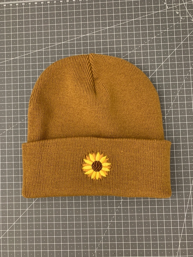 Embroidered Sunflower Beanie - Caramel