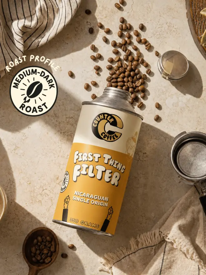 First Thing Filter. A tin of coffee from Counter Coffee.