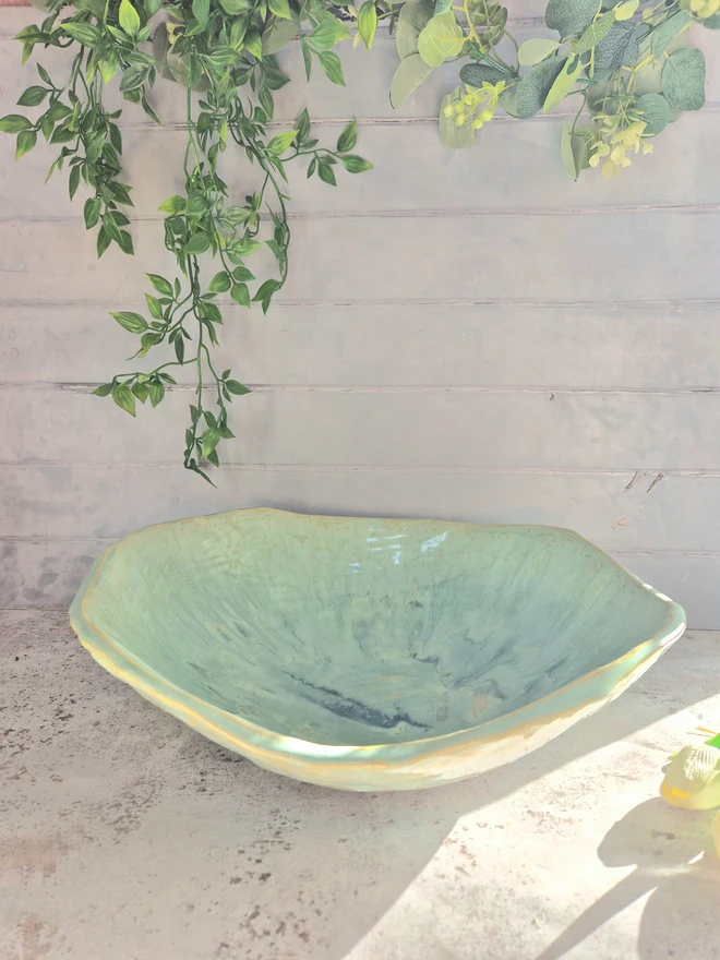 Large ceramic serving bowl, centrepiece bowl, statement bowl, designer bowl, Jenny Hops Pottery, Green, aqua