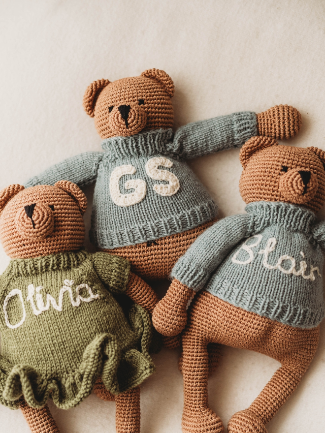 hand crochet brown teddy bears with personalised hand knit clothing