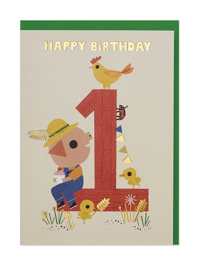 An age 1 card depicting a sweet, farmyard scene featuring a Farmer Pig with a hen and some chicks. A delightful design with interesting detail and whimsical characters.