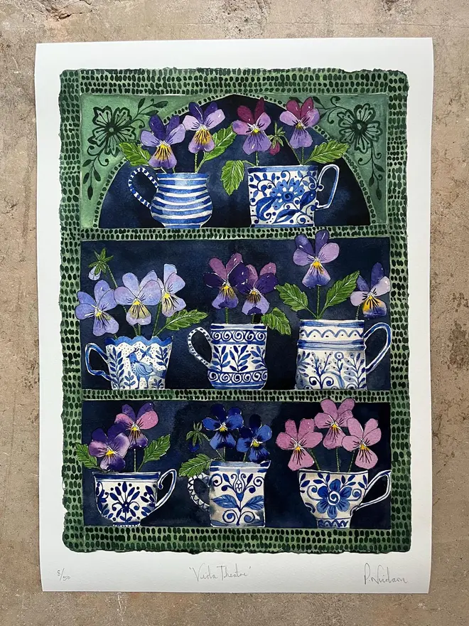violas in delftware, ceramic cups & mugs