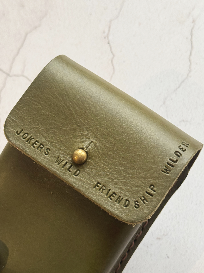 olive green leather playing cards holder, games night