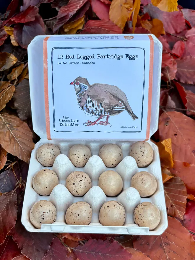 Close up salted caramel and ganache chocolate partridge eggs by the chocolate detective