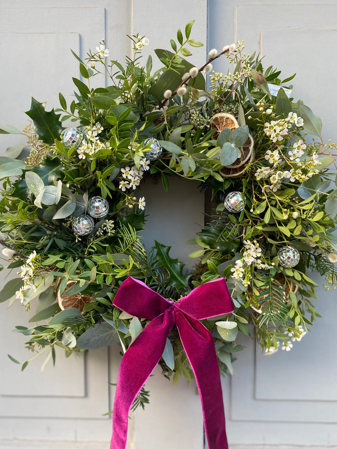 Handmade Fresh Christmas Wreath Eucalyptus Disco Balls Pink Velvet Bow