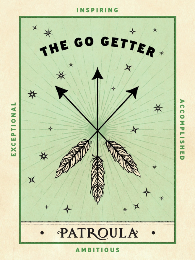 Green card with the words go getter and a black illustration of arrows crossing over
