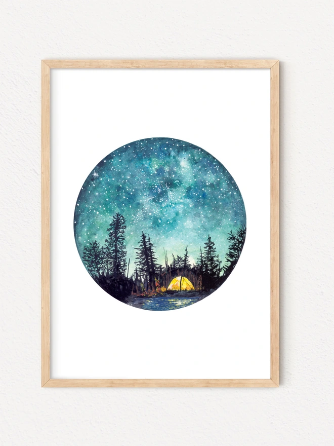 Camping at Night Art Print by Charis Raine. A circular image showing a tent under starry skies.