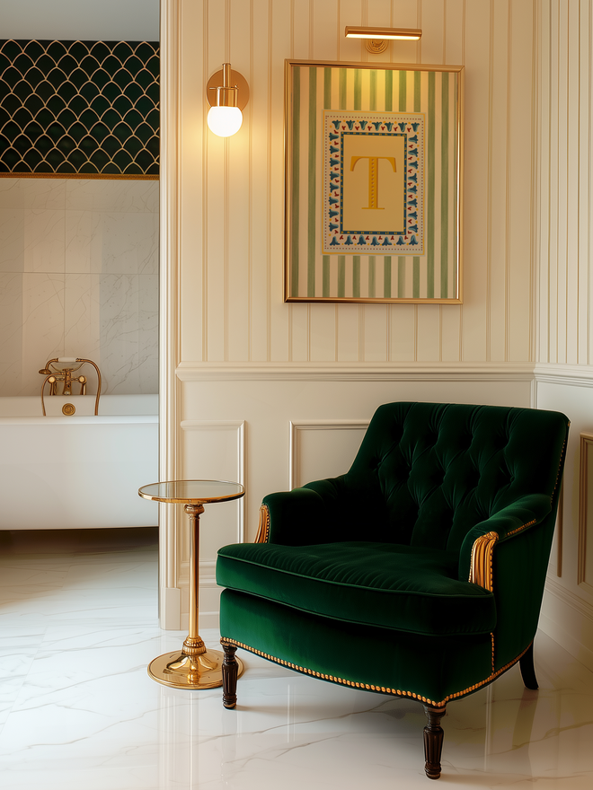 Elegant stripy letter print by Annabel Wond Interiors, featuring a bold yellow “T” with a decorative border on a green and white striped background, framed in gold and styled in a luxurious bathroom with classic paneling, a velvet green armchair, and freestanding bath.